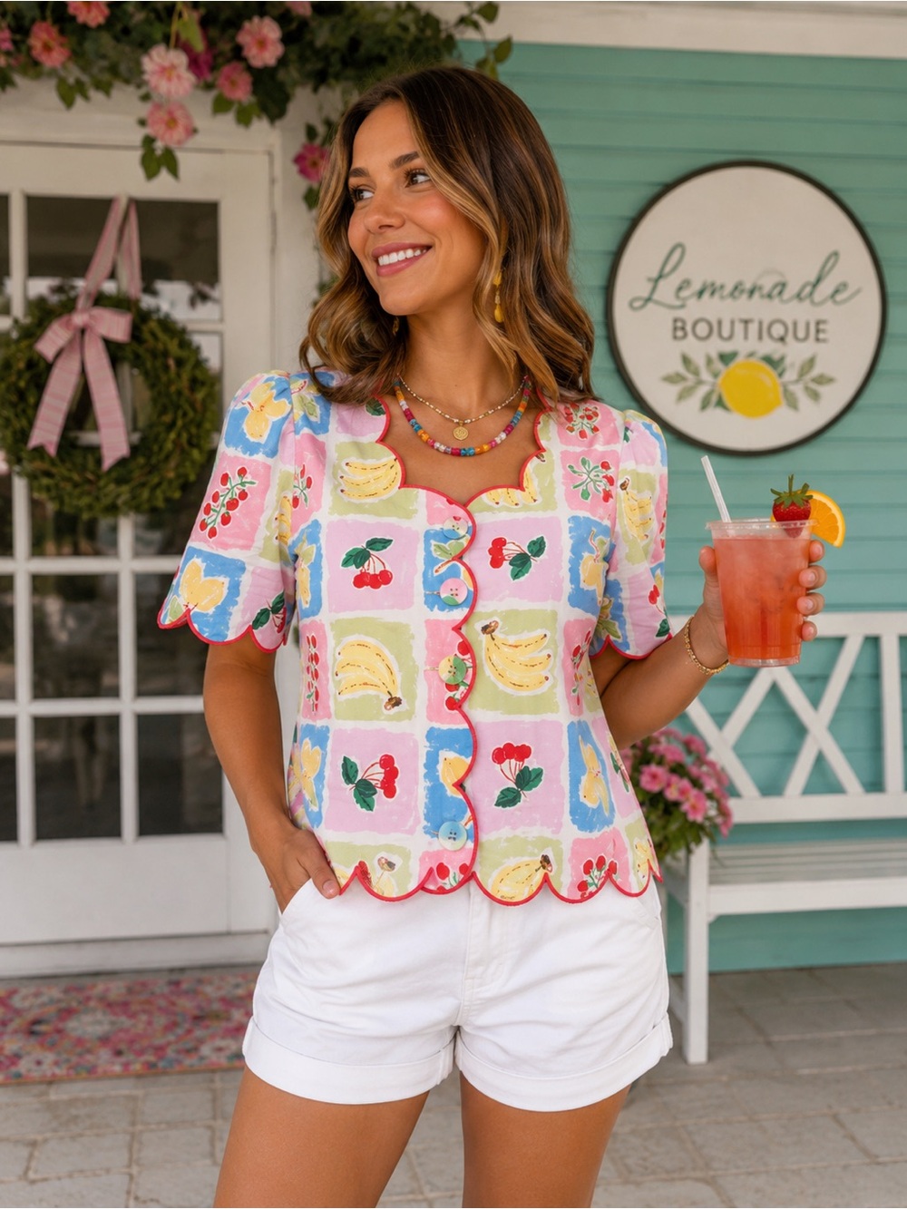 Entro Large Fruit Splash Scalloped Trim Button Front Blouse